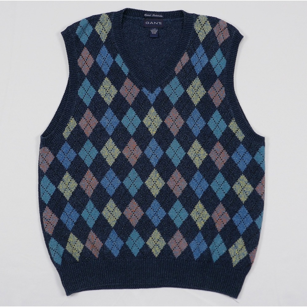 VTG Gant Argyle Sweater Vest Navy Blue Hand Intarsia Cotton V-Neck‎ Men's Large